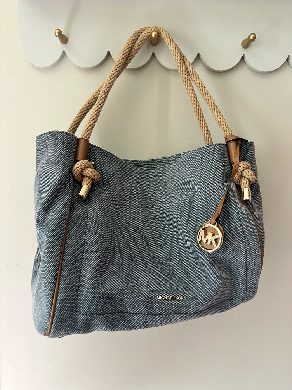 Michael Kors Light Blue Canvas Tote with Rope Handles and Gold MK Charm